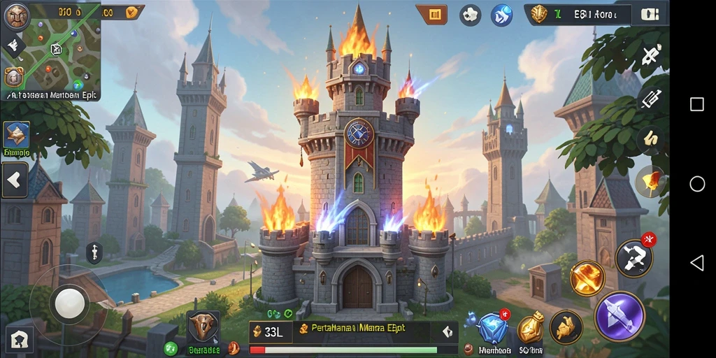 Tangkapan layar gameplay 33L menampilkan menara pertahanan yang kuat melawan gelombang musuh.