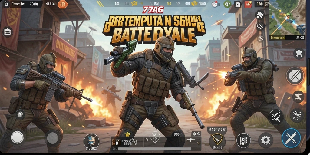 Screenshot gameplay Battle Royale di 77AG menunjukkan aksi mendebarkan.