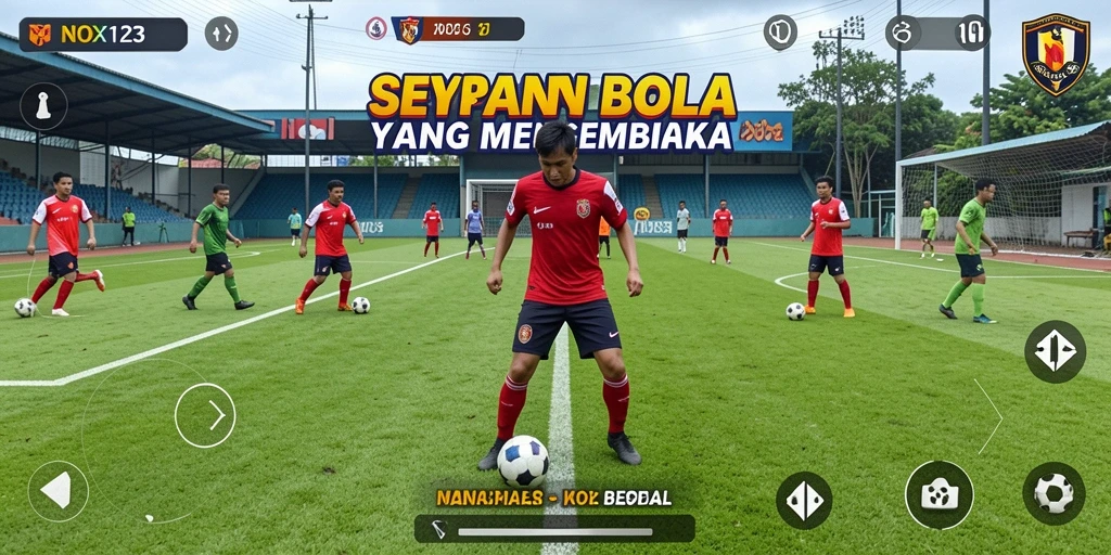 Screenshot gameplay NOX123 menampilkan aksi seru di lapangan sepak bola.