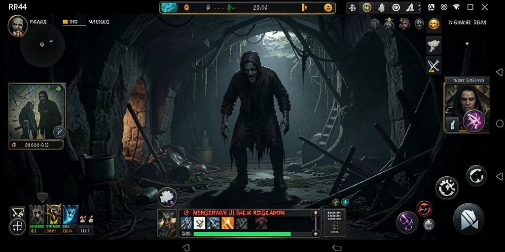 Screenshot gameplay RR44 menampilkan suasana gelap dan mencekam.