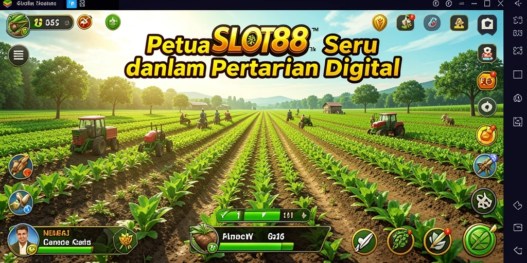 Tampilan gameplay SLOT88 yang menampilkan ladang subur dan aktivitas bertani.
