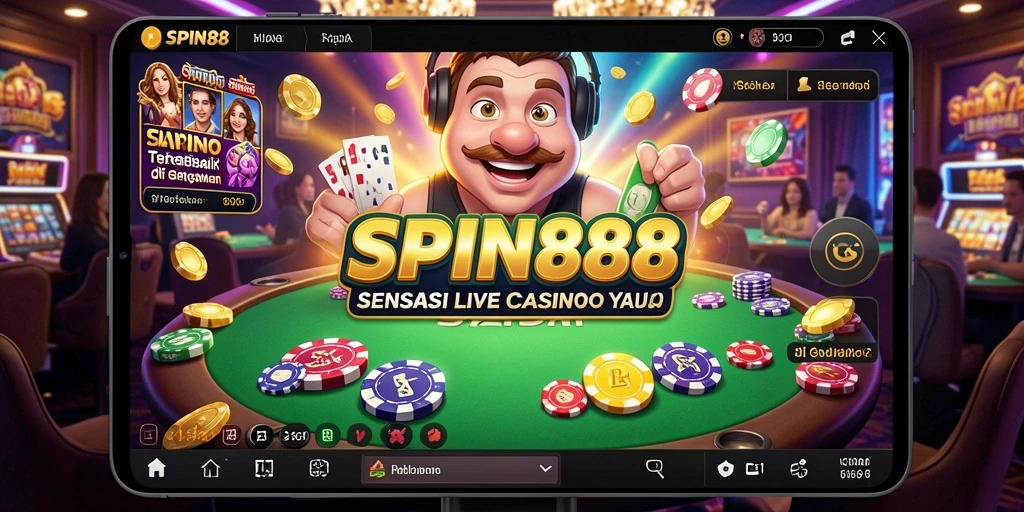 Screenshot utama SPIN88 menampilkan dealer langsung dalam permainan Live Casino.